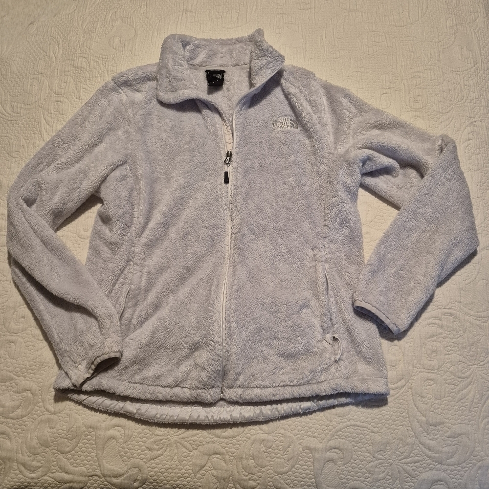 North Face women's Large light gray fuzzy sweater 1 small mark GUC